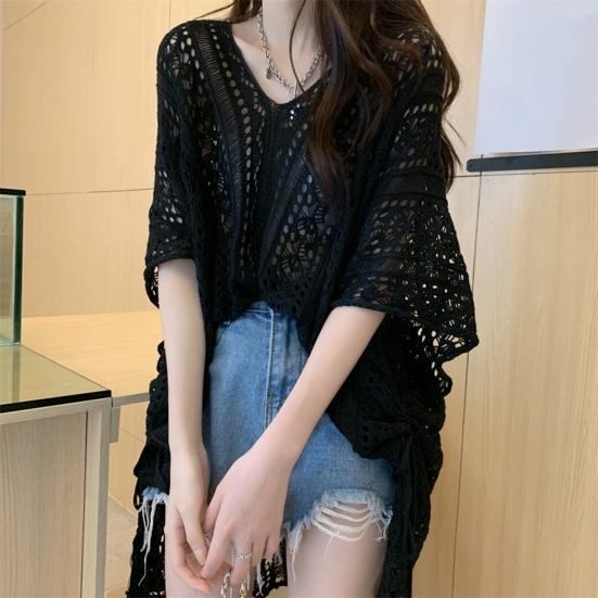 Cover Up Dress V-Neck Short Sleeve Hollow Out Breathable Loose Fit Summer