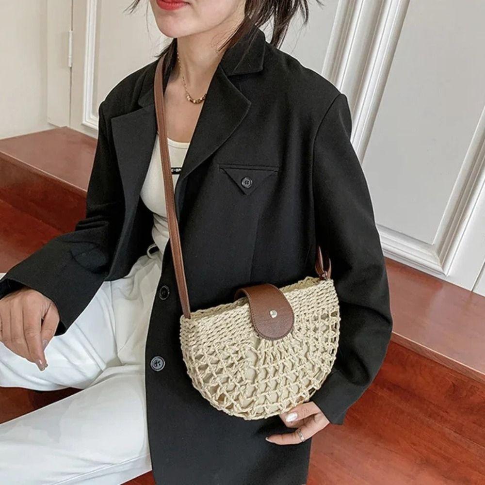 Hollowed Out Weave Straw Shoulder Bag Bohemian Beach Bag Semicircle Crossbody Bag  Messenger Bags