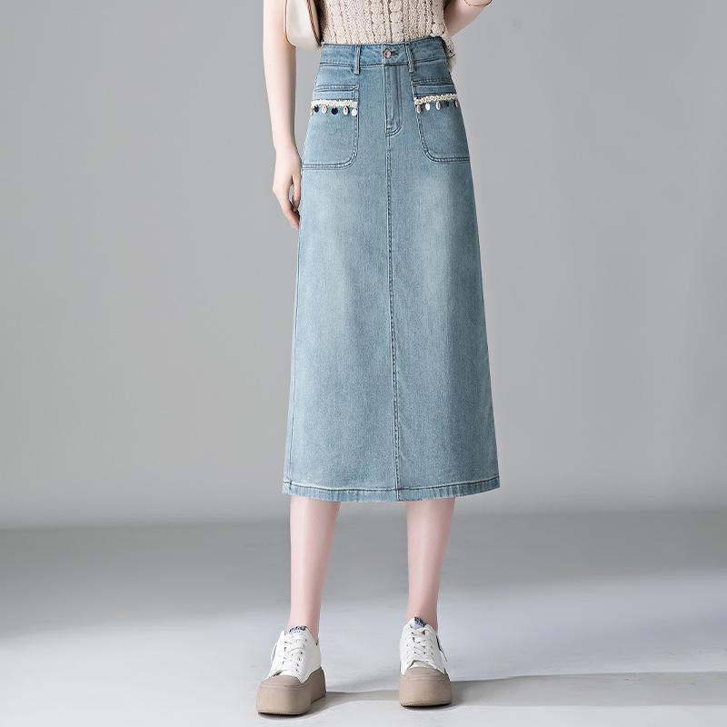 

Women s Light Blue High Waist Denim A-Line Skirt with Slit - Spring 2026 Fashion S, recommended 86-95 jin светло-синий
