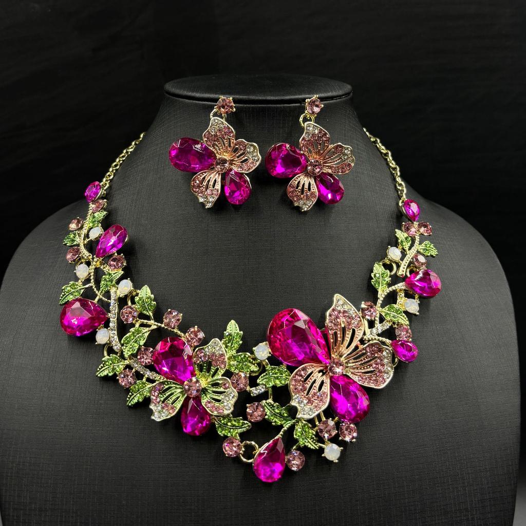 Flower Necklace And Earrings Set - Bridal Dress Accessory For Bridesmaid At Wedding Banquet
