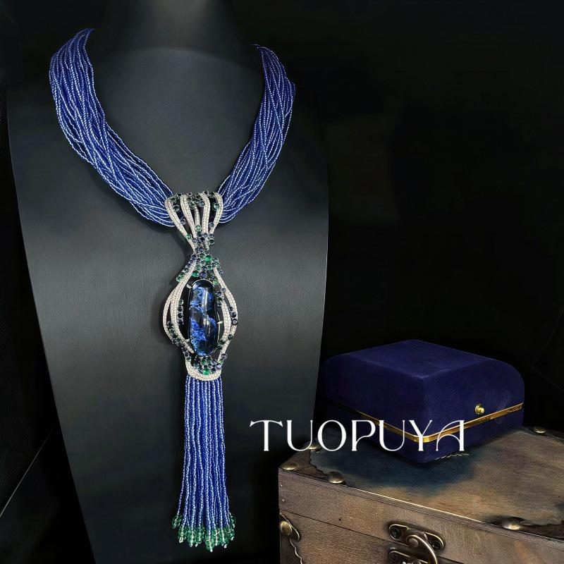 Retro Blue Beaded Tassel Necklace with Resin Pendant & Brooch - Elegant Evening Party Accessory