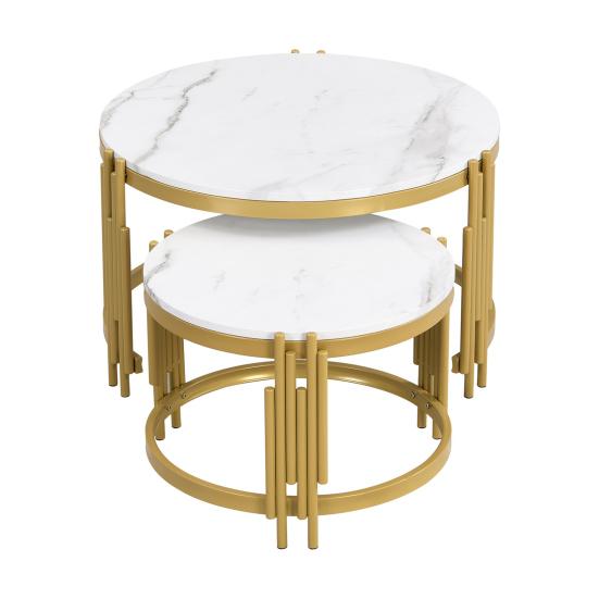 Sofa Side Table Modular Coffee Set, Marble Look, Golden Metal Frame, Round Tea Tables in Two Sizes, Nesting Table, Set of 2