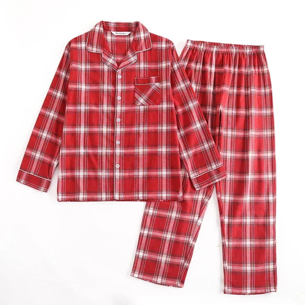 Rutet design Flerfarget Varm bomullsflanell Langermet Bukser Pyjamas for menn Høst og Vinter Hjemmeklær Nattøy Sett