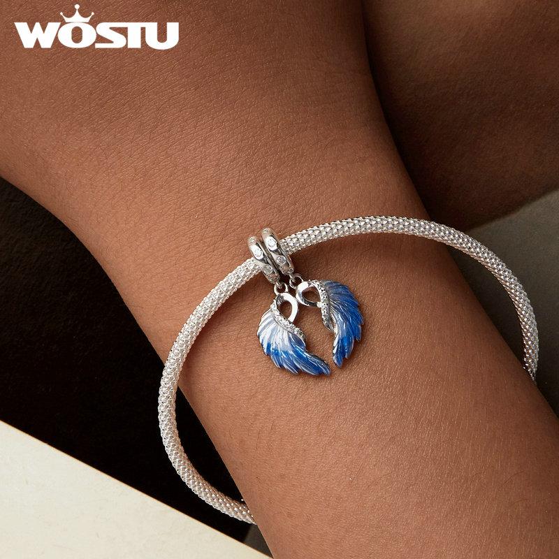 WOSTU 925 Sterling Silver Rainbow Dream catcher Charms Pendant Blue Angel Wing Beads Fit Original Bracelet Neckace DIY Gift