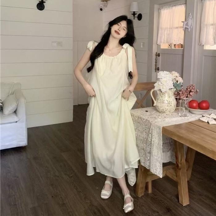 Temperament medium and long dress small fragrant French suspender chiffon dress women's summer new seaside beach vacation skirt