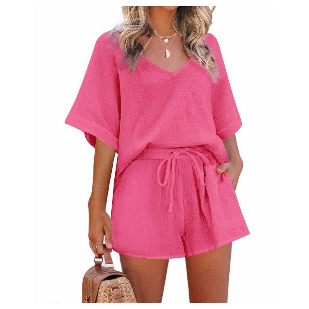 2-teiliges Set mit einfarbigem Racksuit für Damen, kurzärmelig, lässig, mit Shorts, V-Ausschnitt, Strand-Outfits