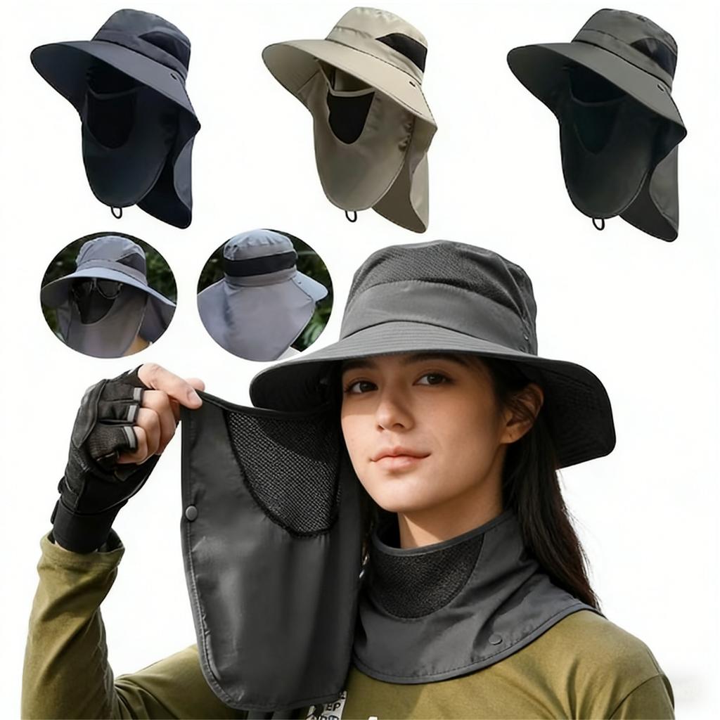 2-Piece Men'S Outdoor Sun Hat Set, Quick-Dry Woven Bucket Hat With Adjustable Visor, Breathable Mesh And Removable Face Shield