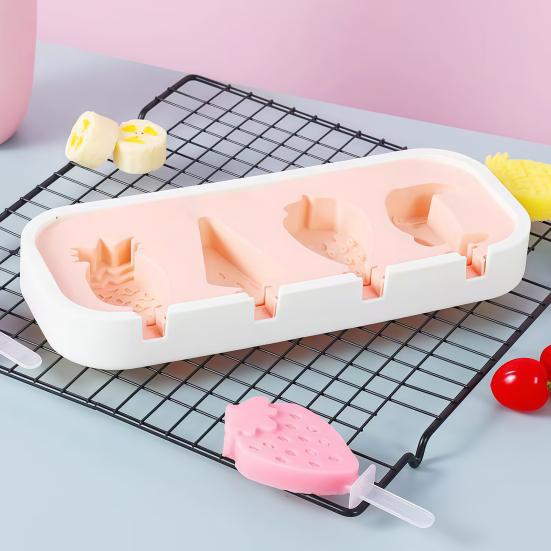 Ice Cream Mold with Anti-Spill Dust-Proof Cover Food-Grade Silicone 4 Compartments Reusable Popsicle Maker for Kids Jelly Mousse Homemade Treats