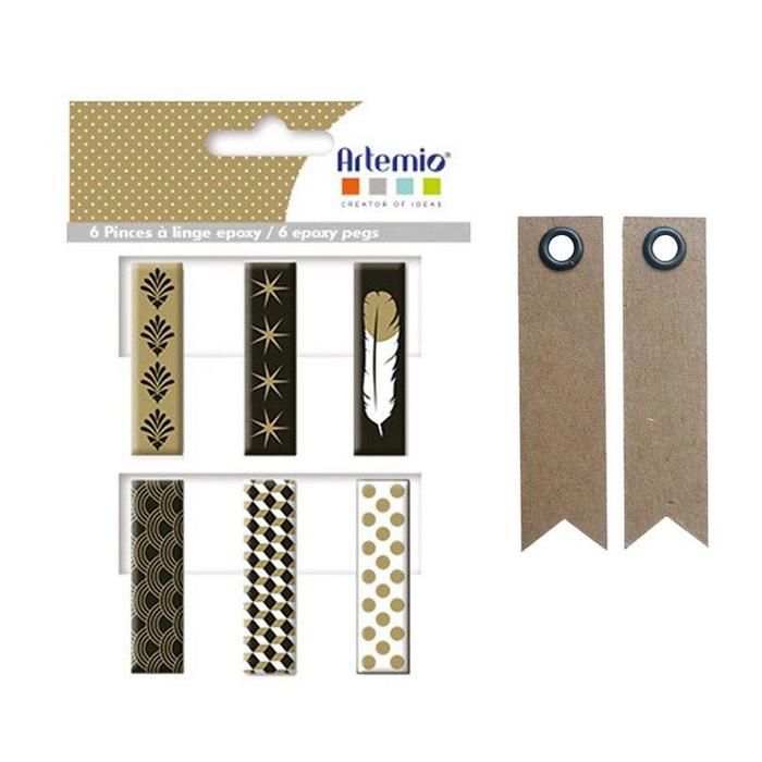 6 pinces à linge Epoxy doré-noir-blanc + 20 étiquettes kraft Fanion