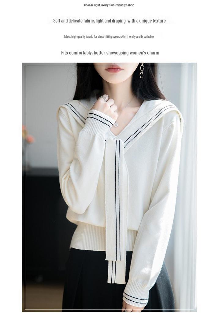 Navy Collar Knit College Style Women's Pullover Sweater - Autumn Winter, Long Sleeve, Loose Fit, Versatile.