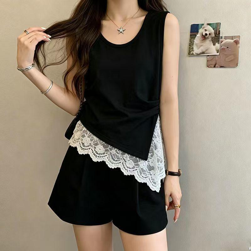 New Summer Women's Clothing with Irregular Design Lace French Sleeveless Tank Top T-Shirt