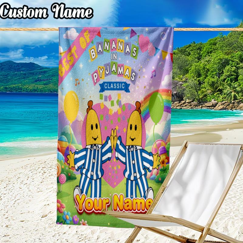 Custom Name Bananas Pyjamas Beach Towel - Soft, Ultra-Absorbent Microfiber, Lightweight, Perfect for Beach, Parties, Travel, Camping