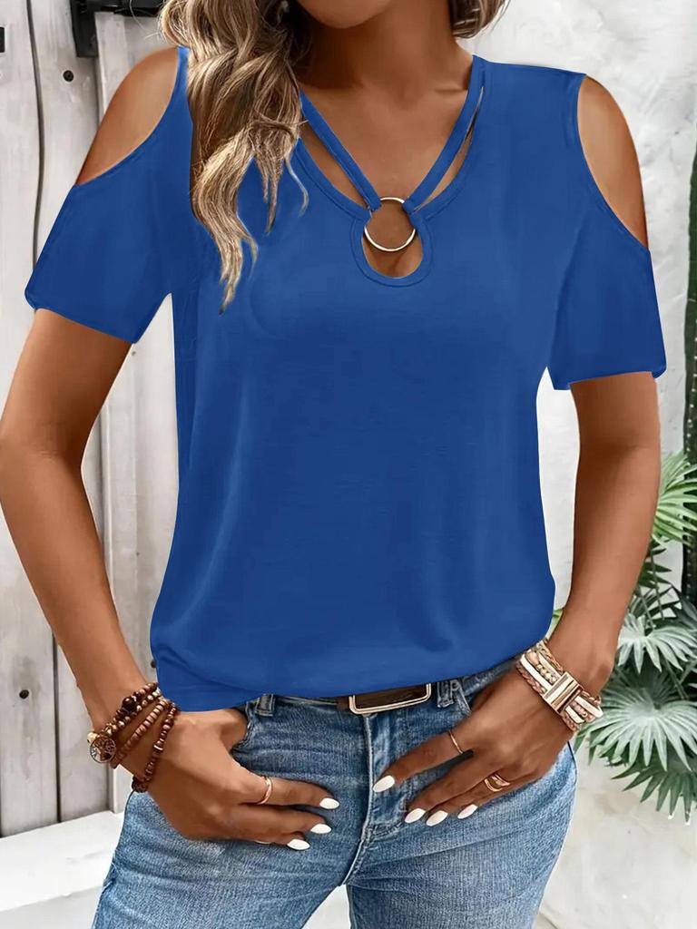 2025 Women's Solid Color Off-Shoulder Loose V-Neck Short Sleeve T-Shirt