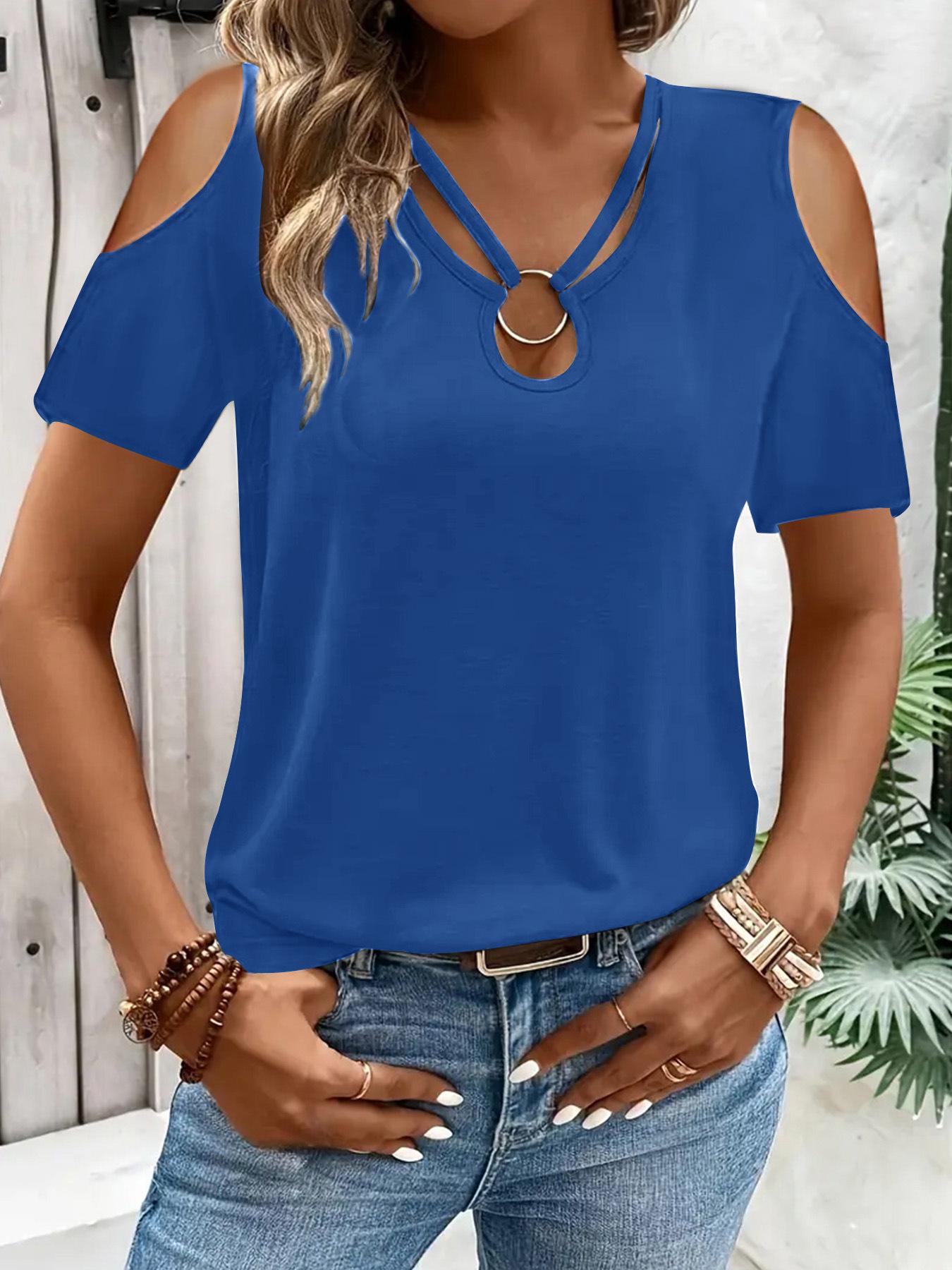 

2025 Women s Solid Color Off-Shoulder Loose V-Neck Short Sleeve T-Shirt XL синій