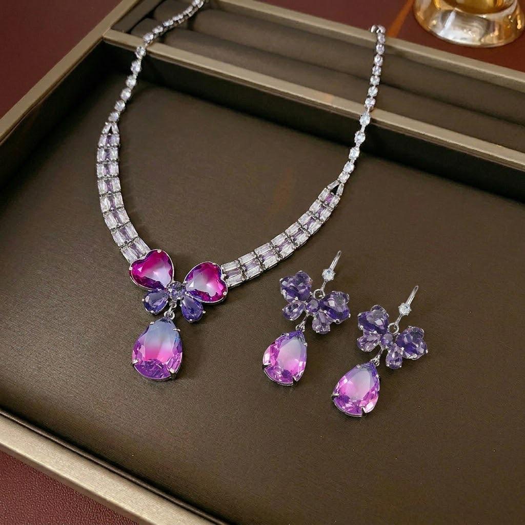 Fashion Trend Purple Butterfly Zircon Earrings & Necklace Set