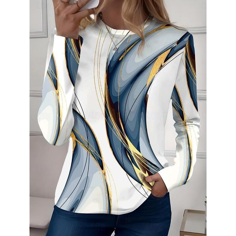 Spring and Autumn Round Neck Abstract Pattern 3D Printed Top Fashionable Casual Long Sleeved Women's T-shirts