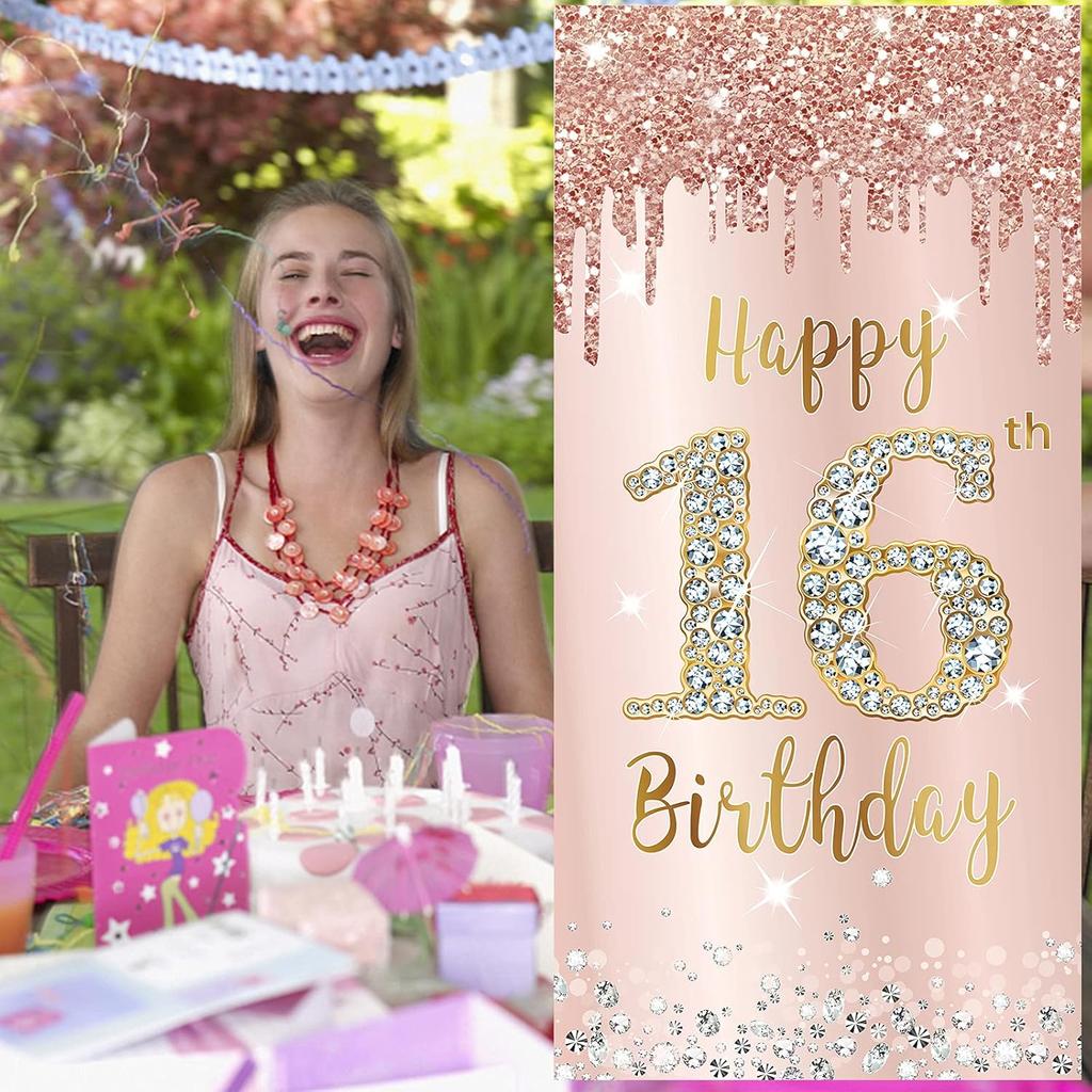 16th Birthday Door Banner Decorations for Girls, Pink Rose Gold Sweet 16 Birthday Door Cover Backdrop Party Supplies, Large Happy Sixteen Year Old