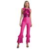 Womens Shiny Sequins Jumpsuit Sleeveless Turn-Down Collar Zipper Rhinestone O-Ring Front Tiered Bell-Bottom Bodysuit