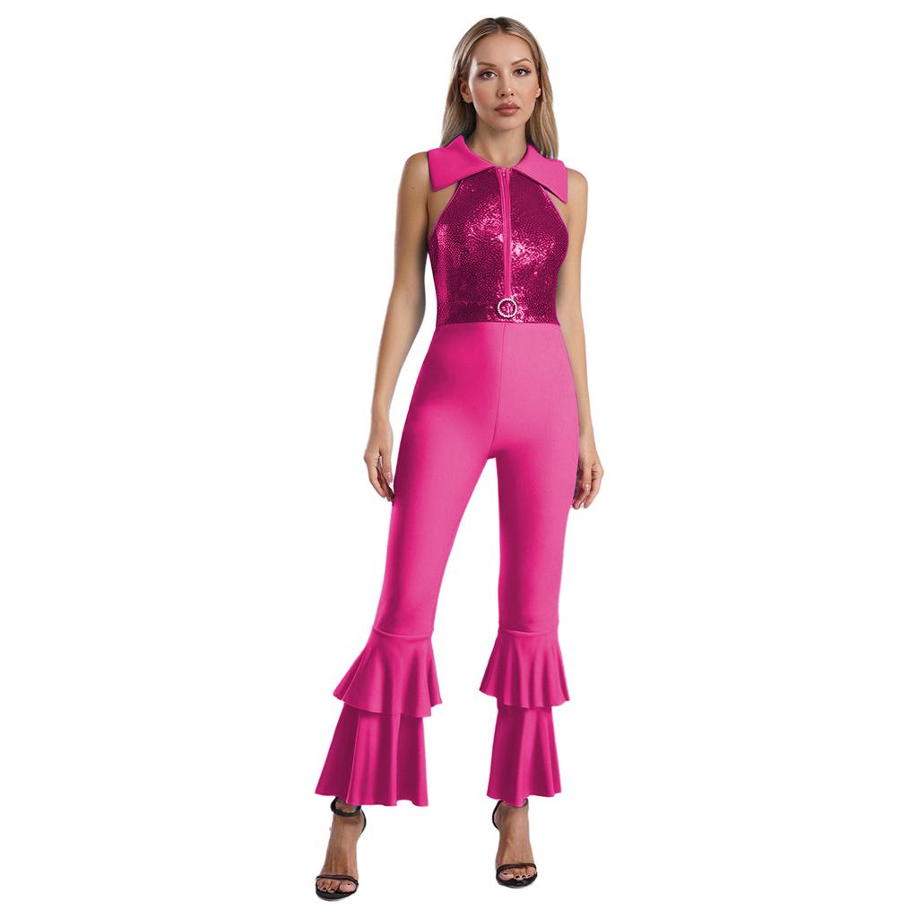 Womens Shiny Sequins Jumpsuit Sleeveless Turn-Down Collar Zipper Rhinestone O-Ring Front Tiered Bell-Bottom Bodysuit