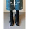 Cowhide~ short boots women's 2025 new leather high heels autumn and winter square head elastic socks boots thick heel French thin boots