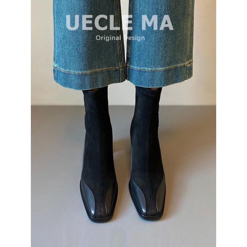 Cowhide~ short boots women's 2025 new leather high heels autumn and winter square head elastic socks boots thick heel French thin boots