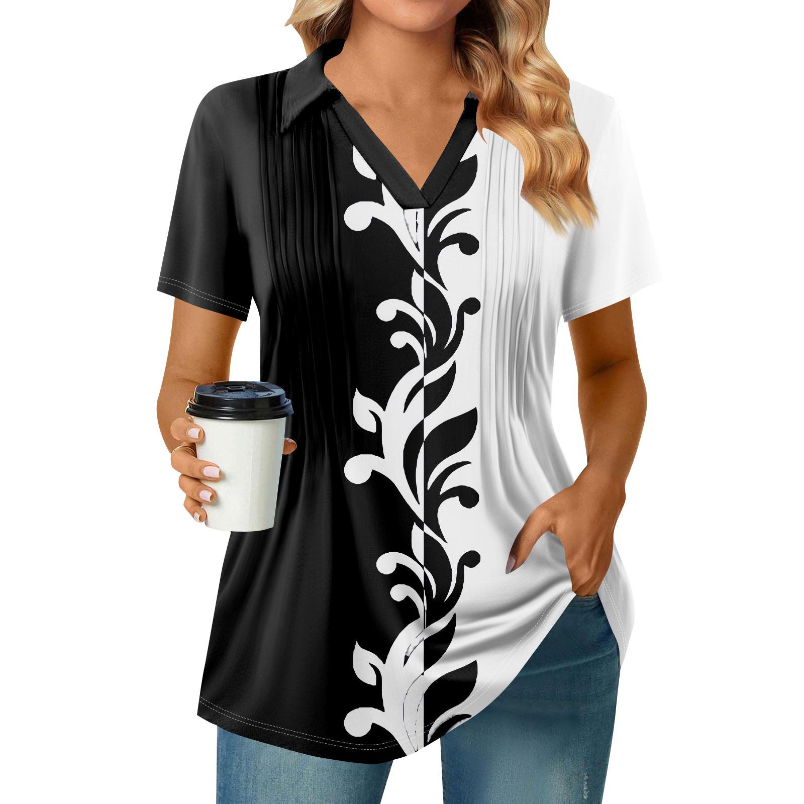 

Женские футболки с коротким рукавом, плиссированные, с V-образным вырезом, с принтом, с воротником, летние топы, модные, деловые, повседневные, рабочие XL белый