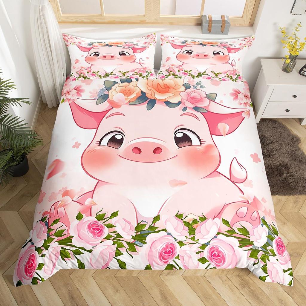 Rozā cūciņas gultas veļas komplekts King Queen Guļošas cūciņas segas pārvalks bērniem, zēniem, meitenēm, Kawaii dzīvnieku segas pārvalks ar 2 spilvendrānām