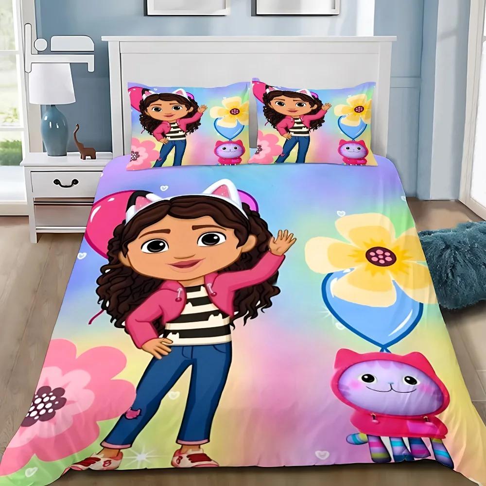 Cartoon Duvet Cover Pillowcase Bedding Set Gabbys Dollhouses Adult Boy Girl Bedroom Decoration Children Single Double Large Size