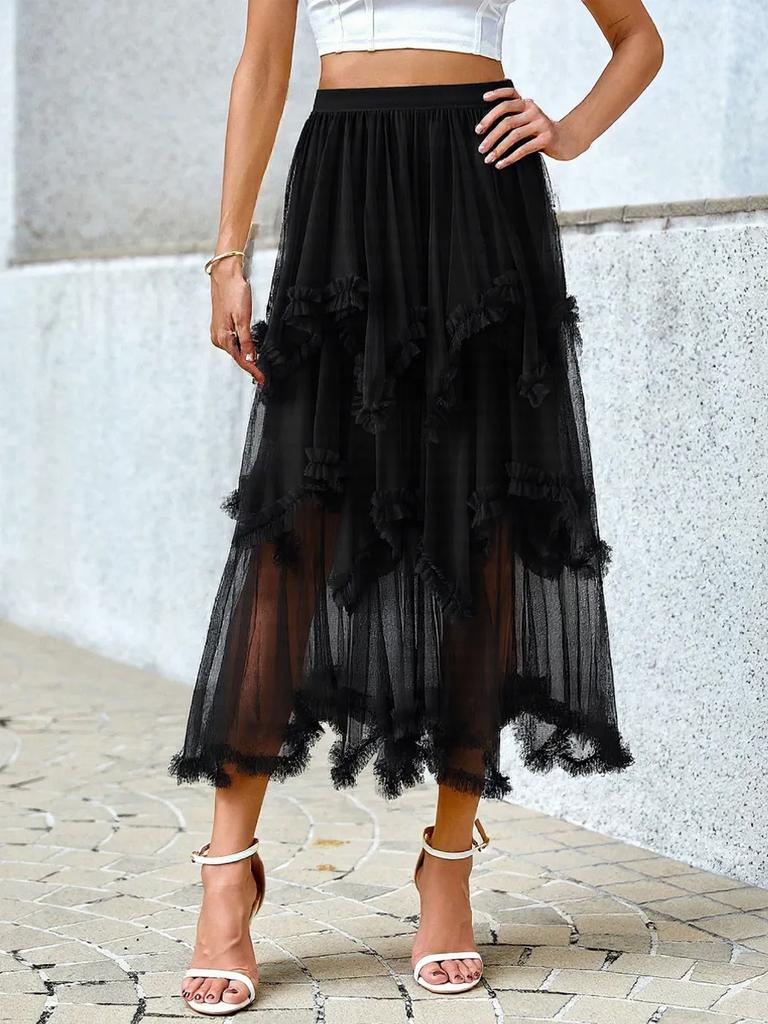 Damen Schwarzer Mesh-Rock Mode Unregelmäßiger Midirock Elegant Rüschen Y2k Stil Kleidung Elastischer Bund