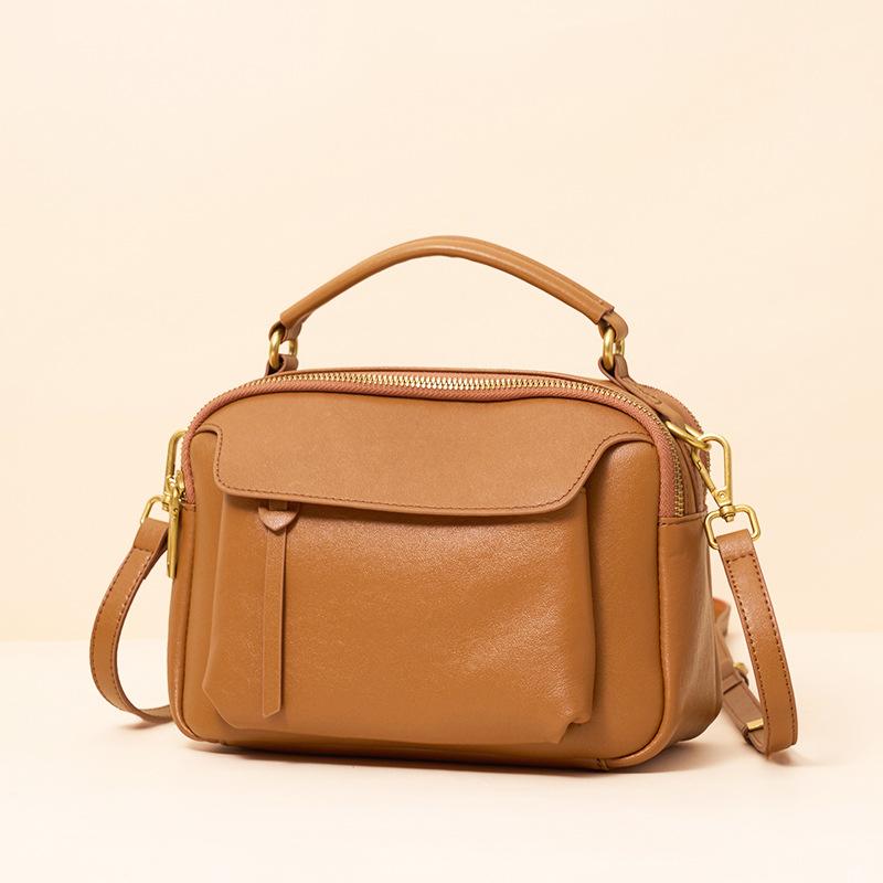 Real Leather Boston Women's Bag Versatile Retro Headlayer Crystal Vegetable Tanned Cowhide Handbag Crossbody