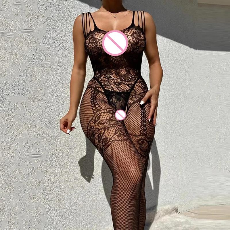 Transparently Crotchless Lingerie Lace Pantyhose For Adults Woman Full Body Stocking Costume