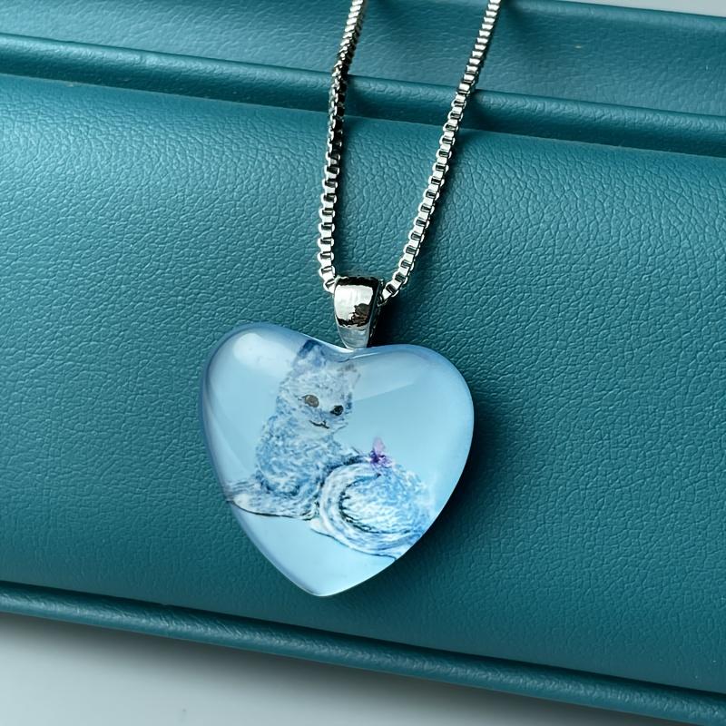 Cute Cat Pattern Heart-shaped Pendant Necklace, Cute Animal Jewelry, Birthday Party Graduation Gift Christmas Halloween Gift For Girls