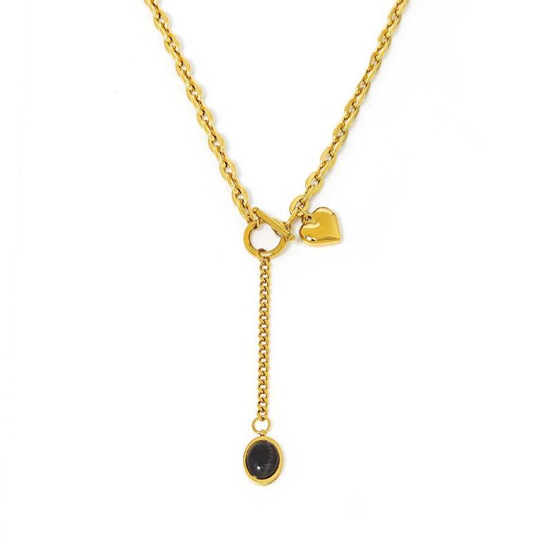 New Hip Hop Fashion Personality Gold Color Stainless Steel Collarbone Chain Necklace OT Buckle Opal Heart Pendant Choker Jewelry