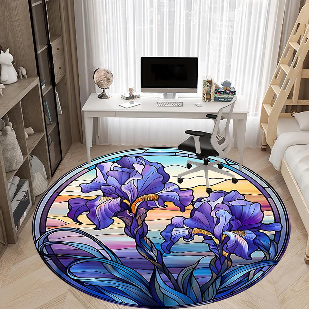 1PC Iris StainedGlass Office Round Area Rug, Indoor Mat Suitable ForOffice, Under Office Chairs Bedroom Living Room Home Decor, Room Deco F009