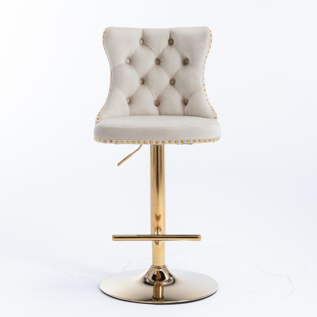 Velvet Swivel Bar Stools, Height 25-33 Inches, Tufted Button Back, Gold Nailhead Trim, Gold Base, for Kitchen Island Home Pub Cafe, Beige, DE1912BG