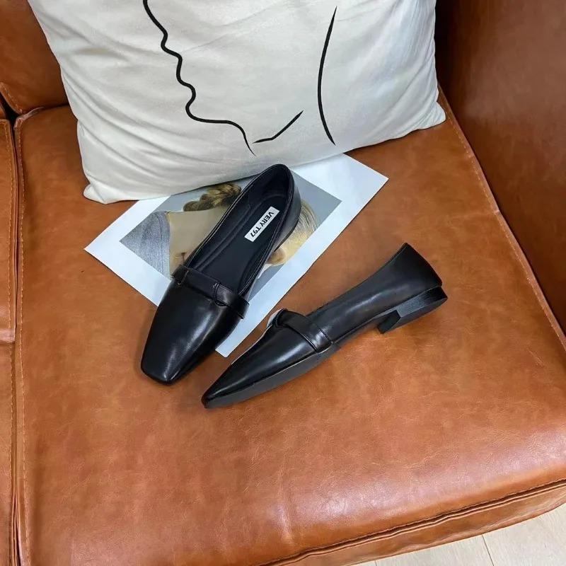 Women Basic Shoes Soft Cowhide Daily Footwear On Thick Heel Slip On Work Pumps Genuine Leather Simple Shoes Cozy Loafers