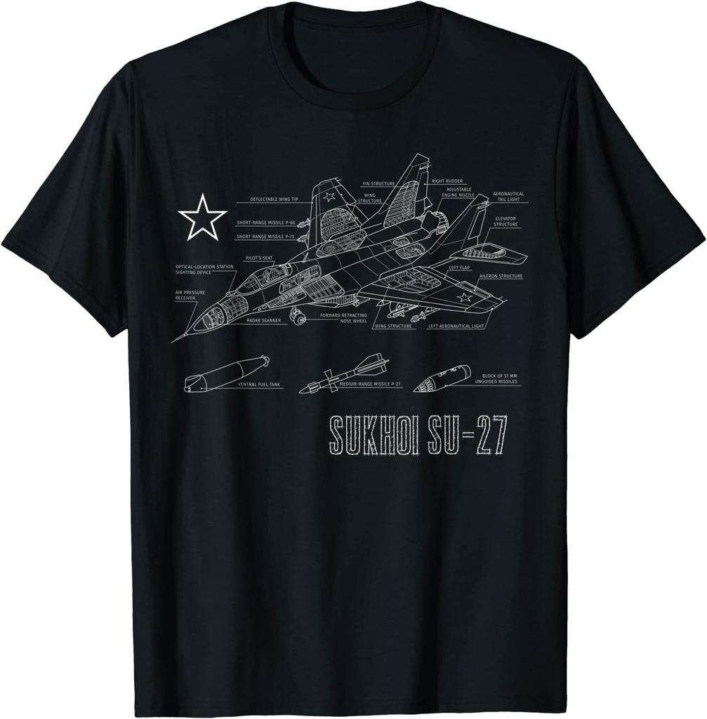 Russian Cold War Sukhoi SU27 Jet Airplane Blueprint TShirt Short Sleeve Casual 100 Cotton ONeck Summer Men TShirt
