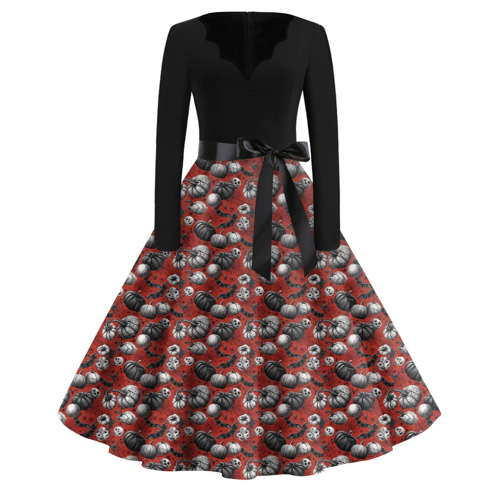 

Жіночі модні повсякденні тонкі сукні з довгими рукавами з принтом на Хеллоуїн з V-подібним вирізом XL