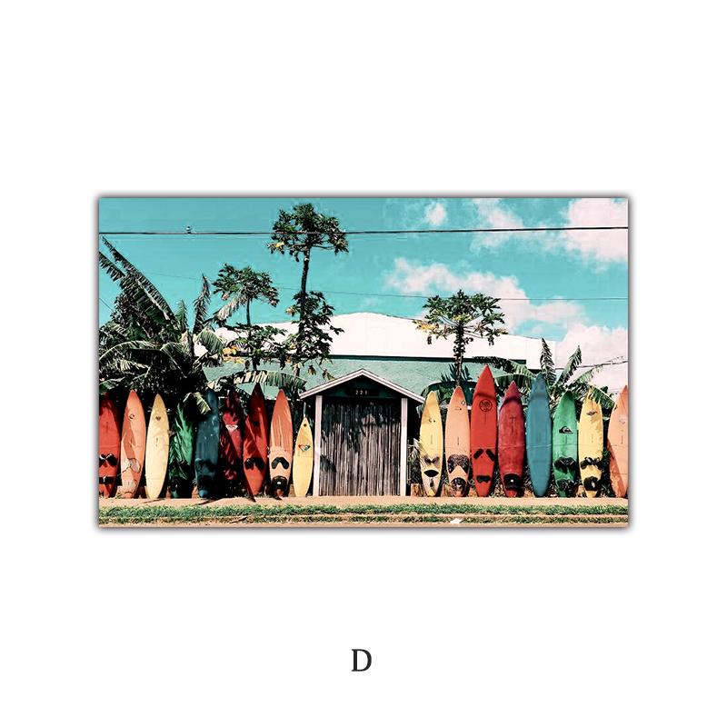 Summer Seaside Scenery Beauty Palm Tree Surfboard Nordic Poster Landscape Decoration Painting Canvas Art Wall Picture HD Print