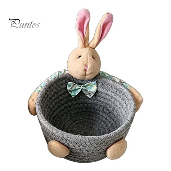 Gentle Color Storage Basket Desktop Basket, Cartoon Plush Bear And Rabbit Rope Decorative Plaid Bow Organizer Shape, Woven for Small Items Jewelry