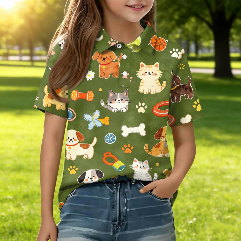 Kids Short Sleeve Polo Shirt Animal Print Casual Tee Button Down Collar Lightweight Summer Top for Boys Girls