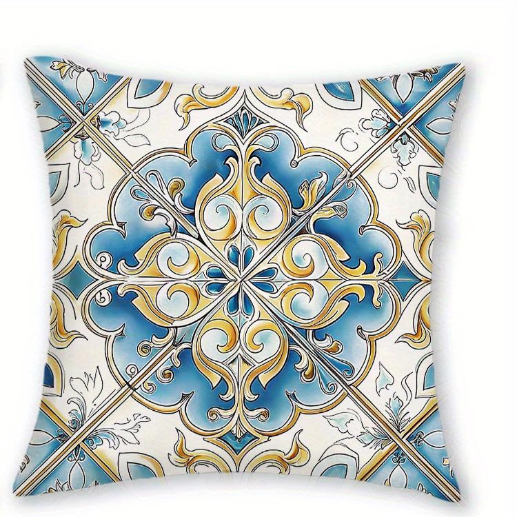 1/4pcs Bohemian Blue Gold Floral Tile Throw Pillow Covers Vintage Mediterranean Style Cushion Cases for Home Sofa Bedroom Decor