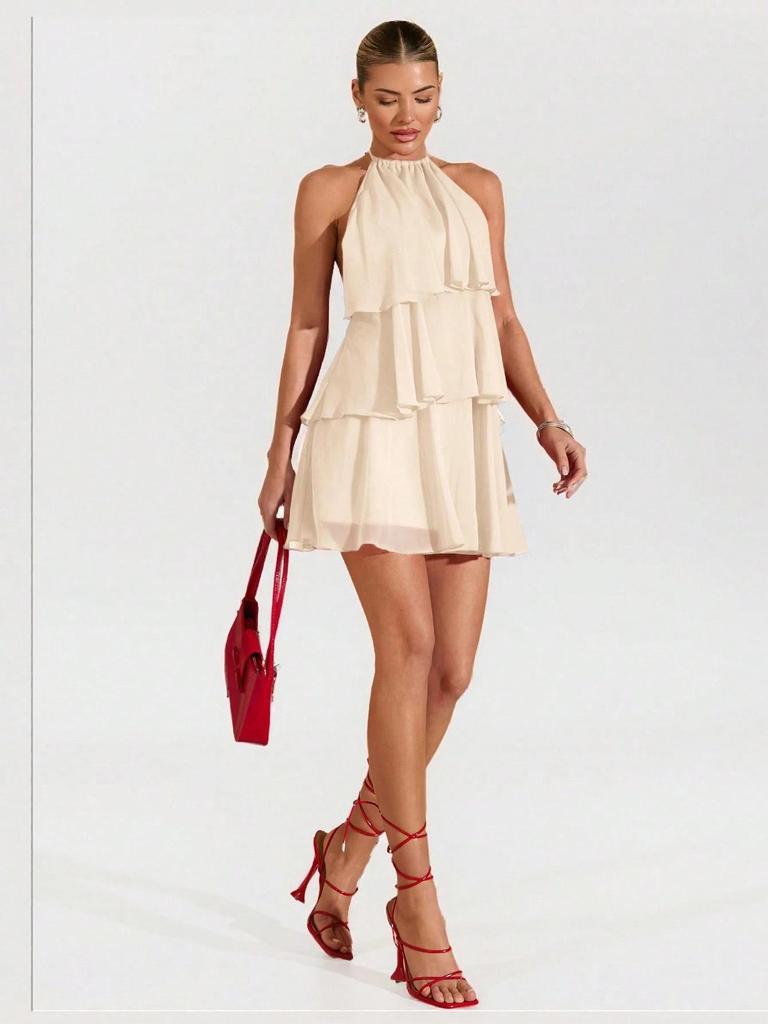 New Women's Irregular Backless Lace-up Dress with Solid Color and Sexy Cake Skirt