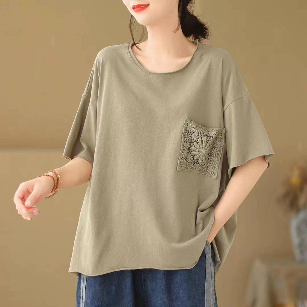 DIMANAF 2025 Sommer Solide Plus Größe Spitze Taschen T-shirt Frauen Kurzarm Lange Tasten Lose Tops Tees