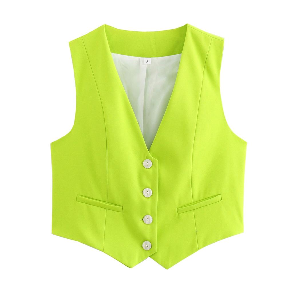 Dames Retro Ensfarget Godterifarge V-hals Kort Dressvest