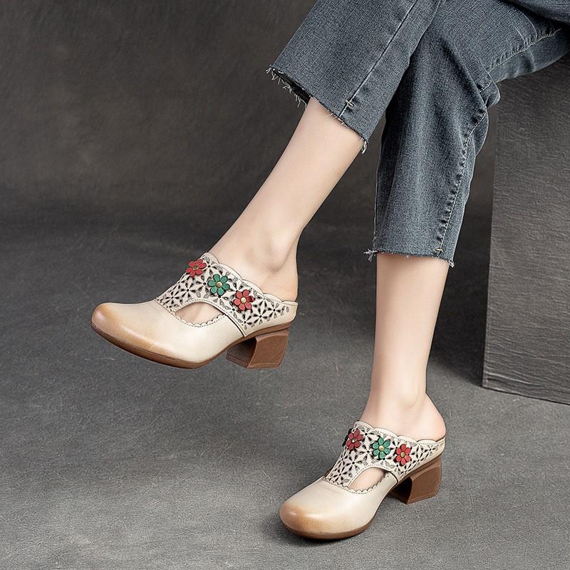 Ethnic Style Flower Mid Heel Slippers Summer New Round Toe Retro Comfortable Versatile Women Shoes Outside Slides