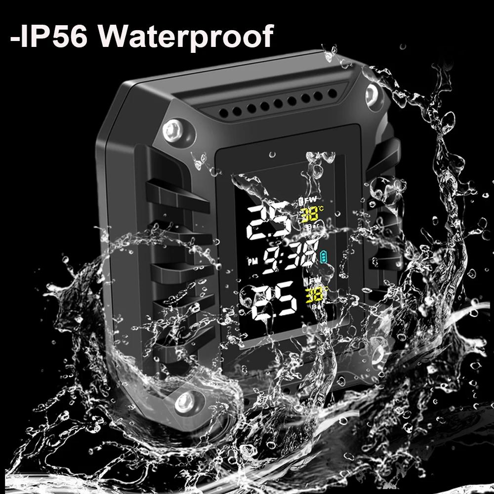 Farbiges LCD Motorrad TPMS 2 Externe Sensoren Reifendrucküberwachungssystem Wasserdicht mit Reifentemperaturalarm Zeitanzeige