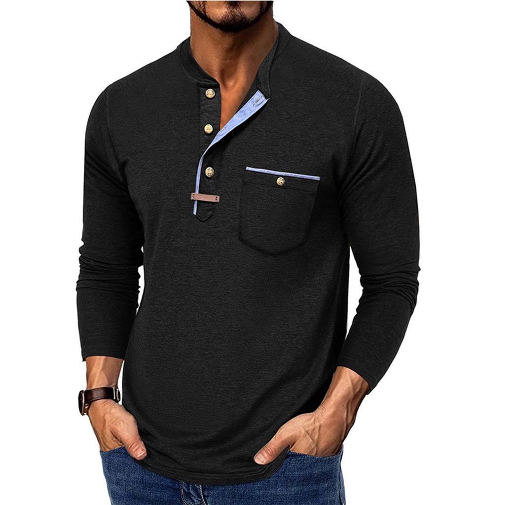 Men's Spring And Solid Color T-shirt Lapel 3 Button Open Placket Button Long Sleeved Top