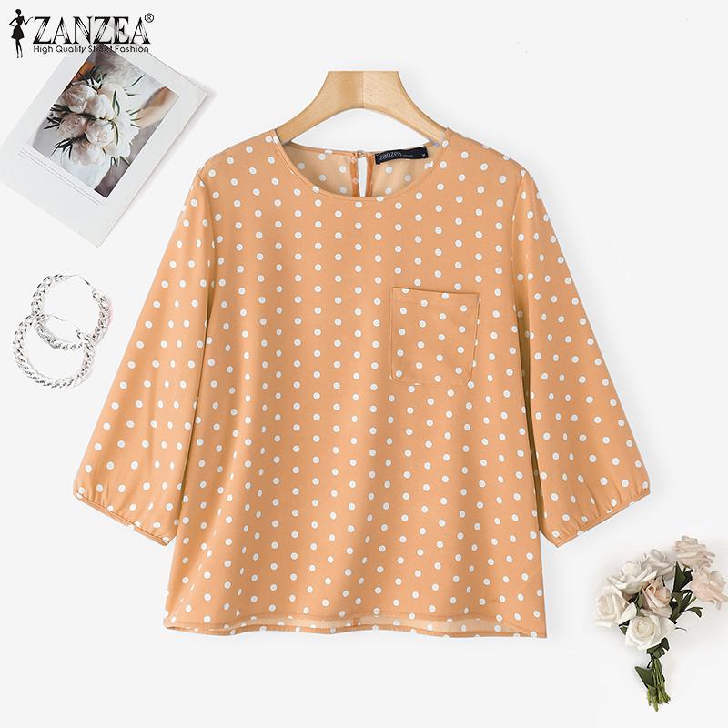 ZANZEA Women Casual Round Neck 3/4 Sleeve Polka Dot Print Loose Blouse