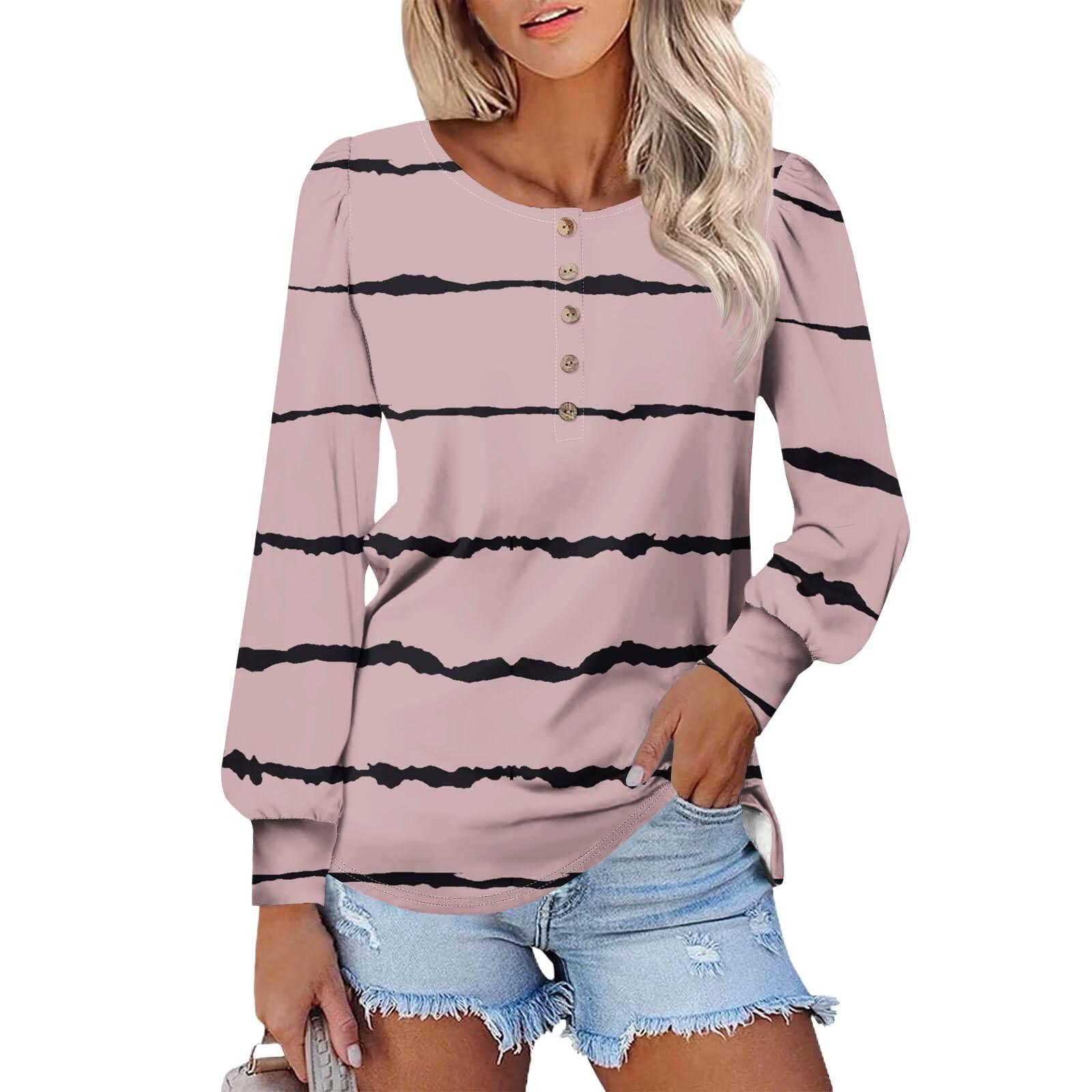

Женские футболки с длинным рукавом и круглым вырезом, полосатые принты, рубашки с рукавами-фонариками, блузки на пуговицах, топы XXL